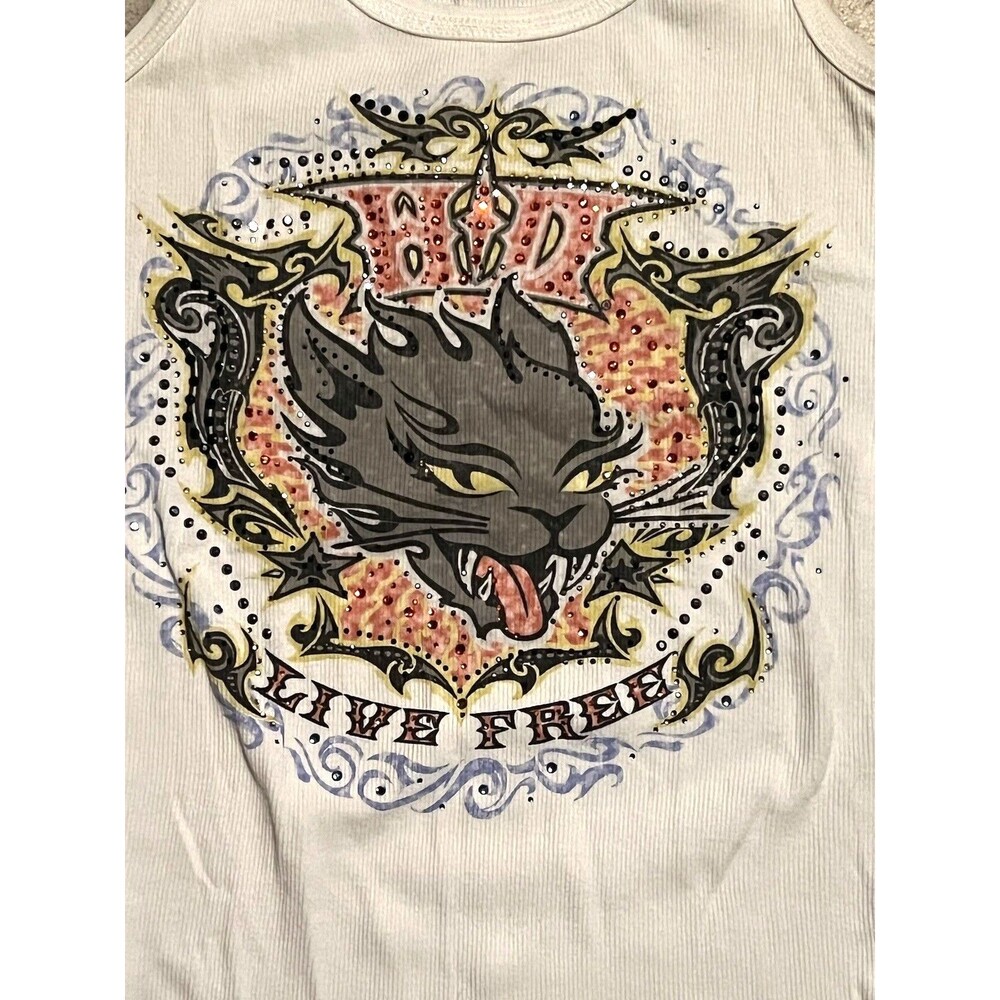 Harley Davidson Tank Top Rhinestones HD Cat Live Free Shirt Women’s M RARE